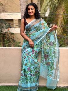 Blue Kalamkari Screen-Printed Kota Saree | RK257