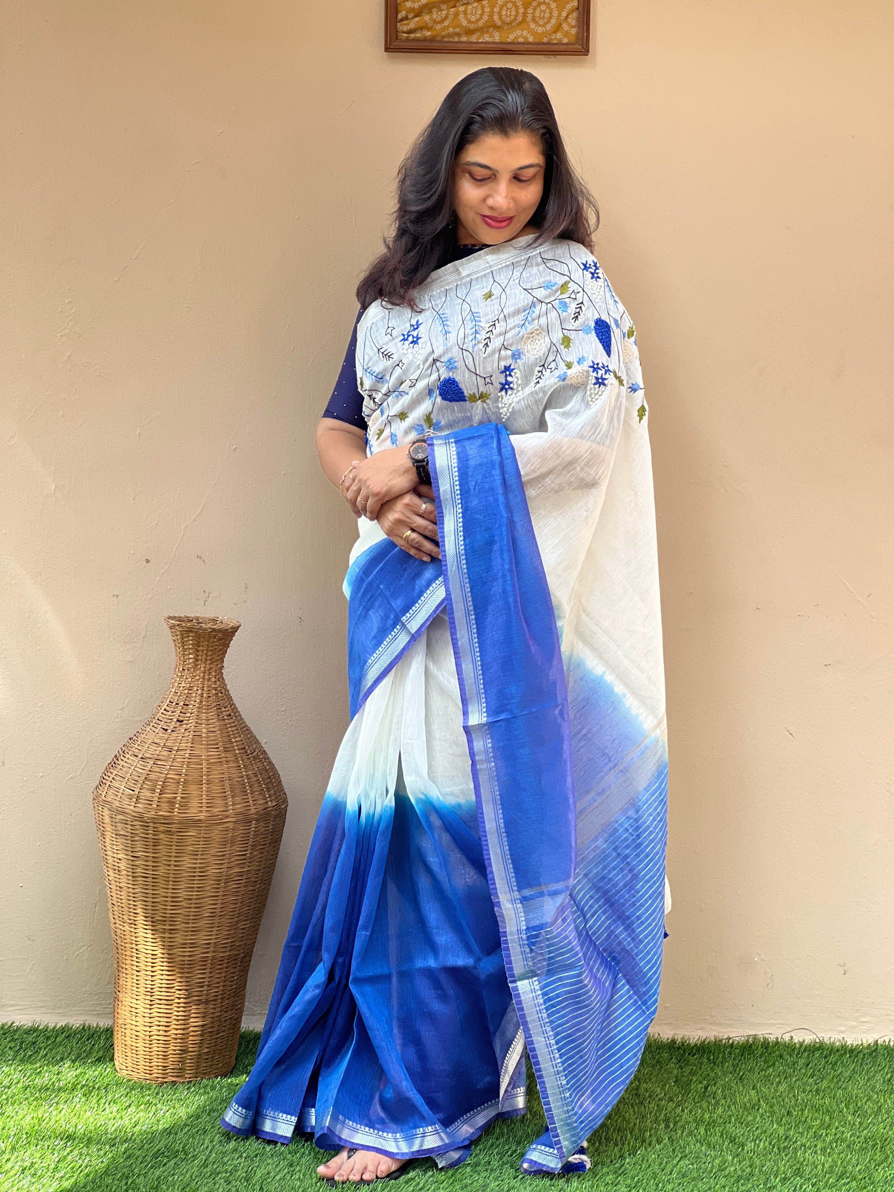 Blue & White Shaded Silk-Linen Saree with Mangalgiri Border | SK112