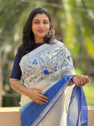 Blue & White Shaded Silk-Linen Saree with Mangalgiri Border | SK112