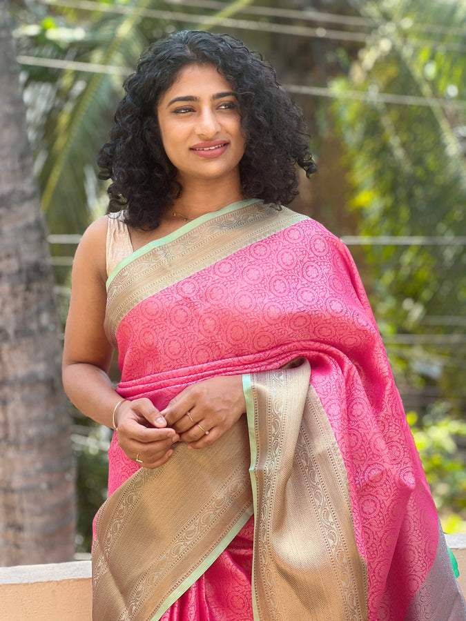 Light Pink Weaved Kora Banarasi Saree | AL133