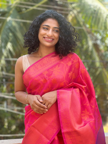 Fuchsia Pink Weaved Kora Banarasi Saree | AL130
