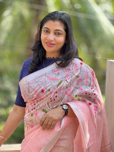 Single toned Pink Peach Embroidered Silk-Linen Saree | SK115