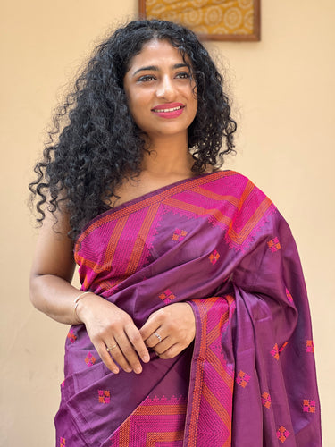 Cross-Stitch Embroidered Dola Silk Saree With Kantha Work Design | ARS208