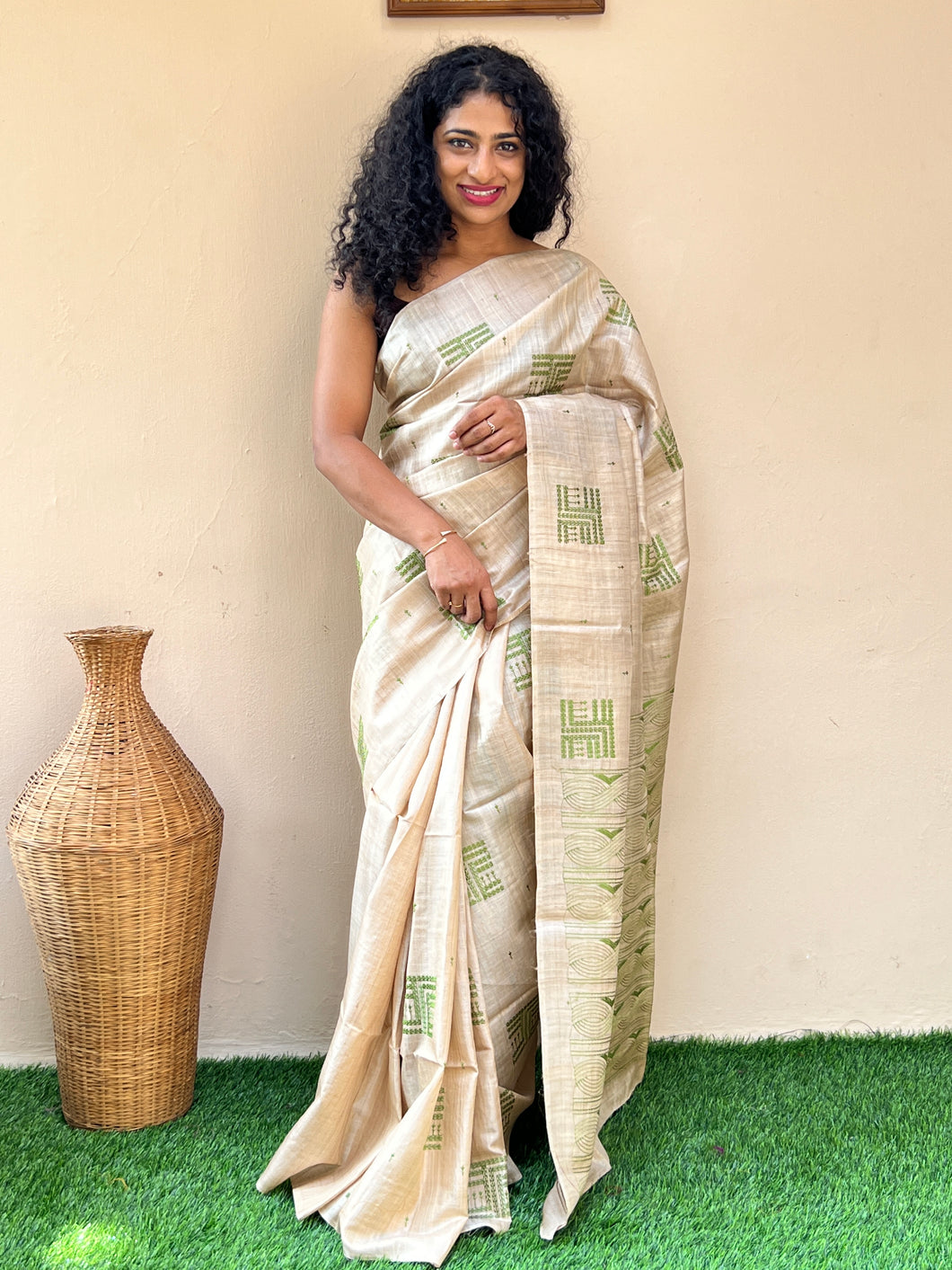 Beige Colored Tussar Saree With Rice Stitch Embroidery | MNH169