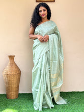 Mint Green Color Hand Embroidered Tussar Mutka Sarees | MNH164