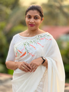 Hand painted White Uppada Silk Saree with Florals in Orange Peach and White | ET109