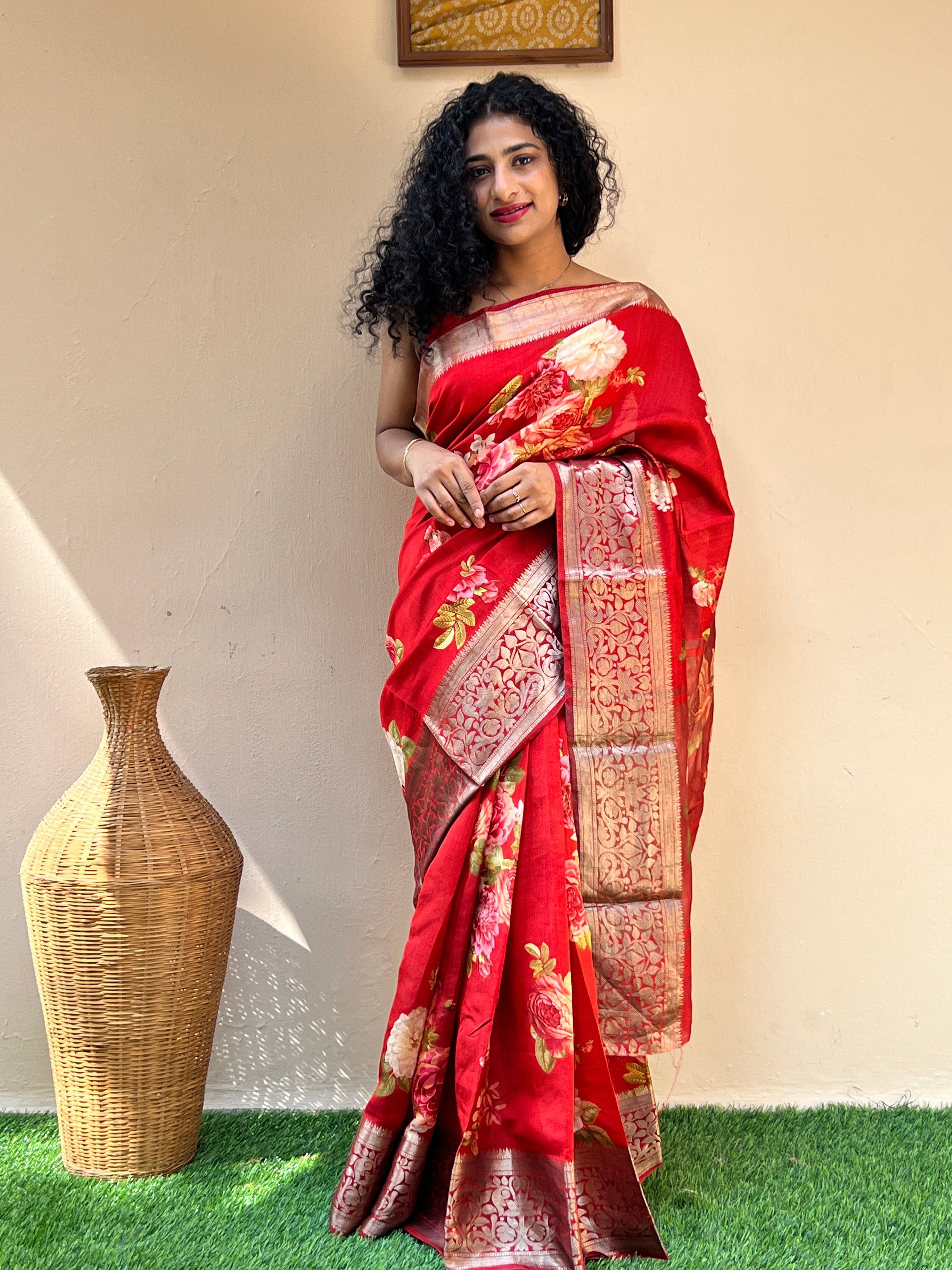 Digital printed chiniya silk saree with banarasi borders | JCL526