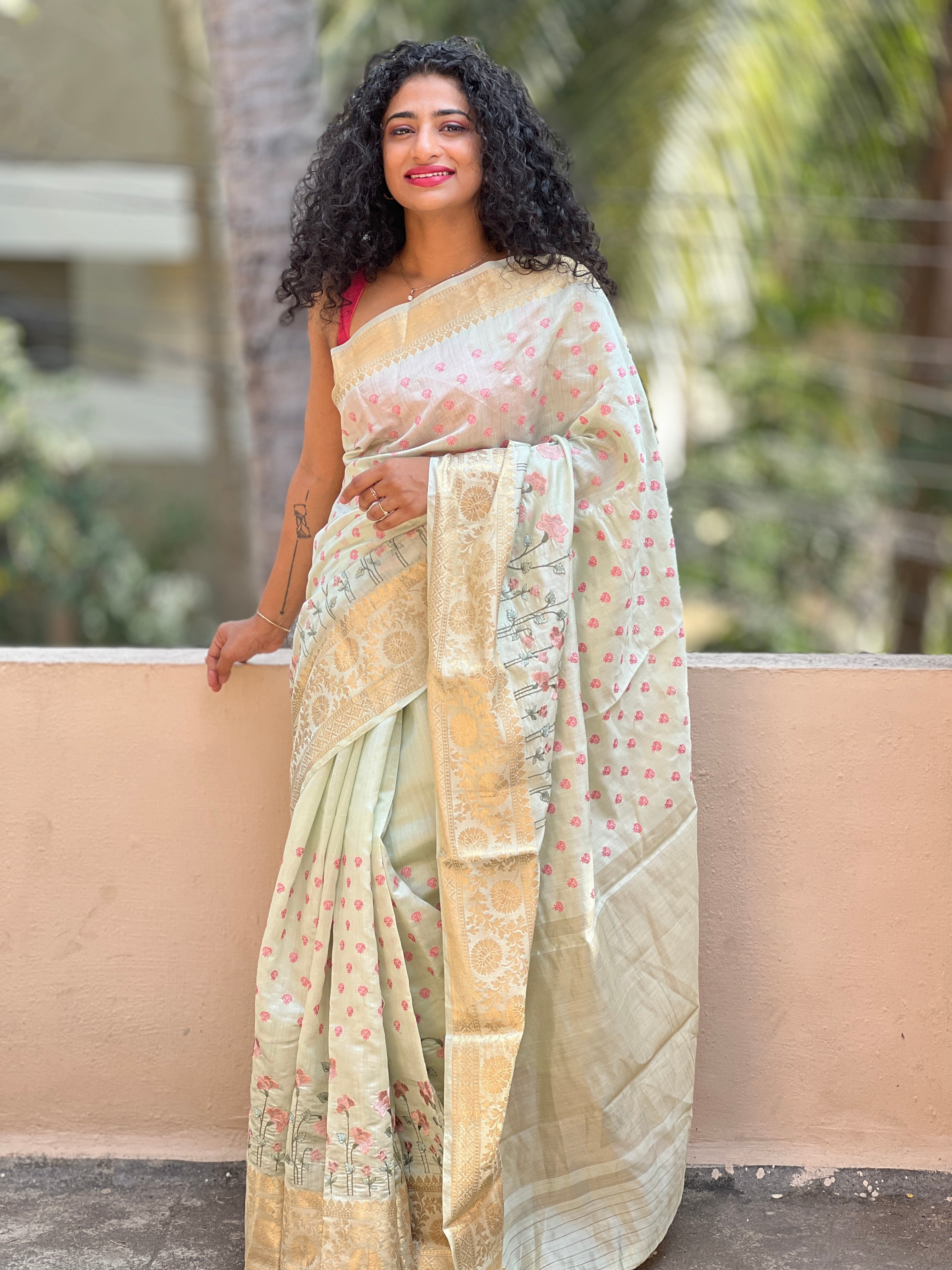 Chanderi Floral Computerized Machine Embroidery with Banarasi Border Sarees | JCL600