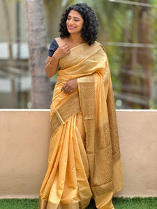 Golden Yellow Bhagalpuri Linen Saree With Banarasi Border | SK184