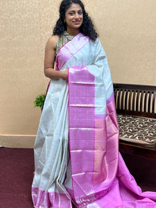 White & Pink colour silver zari weaved kanchipuram saree | ADB140D