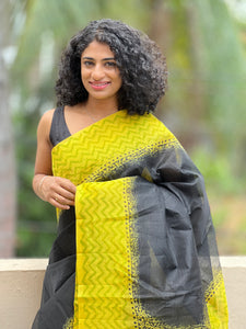 Black & Lemon Green Block Printed Supernet Kota Saree | SF754