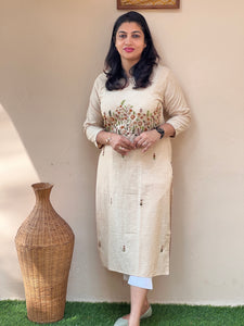 Floral Embroidery Design Slub Linen Kurta | OS341