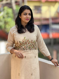 Floral Embroidery Design Slub Linen Kurta | OS341