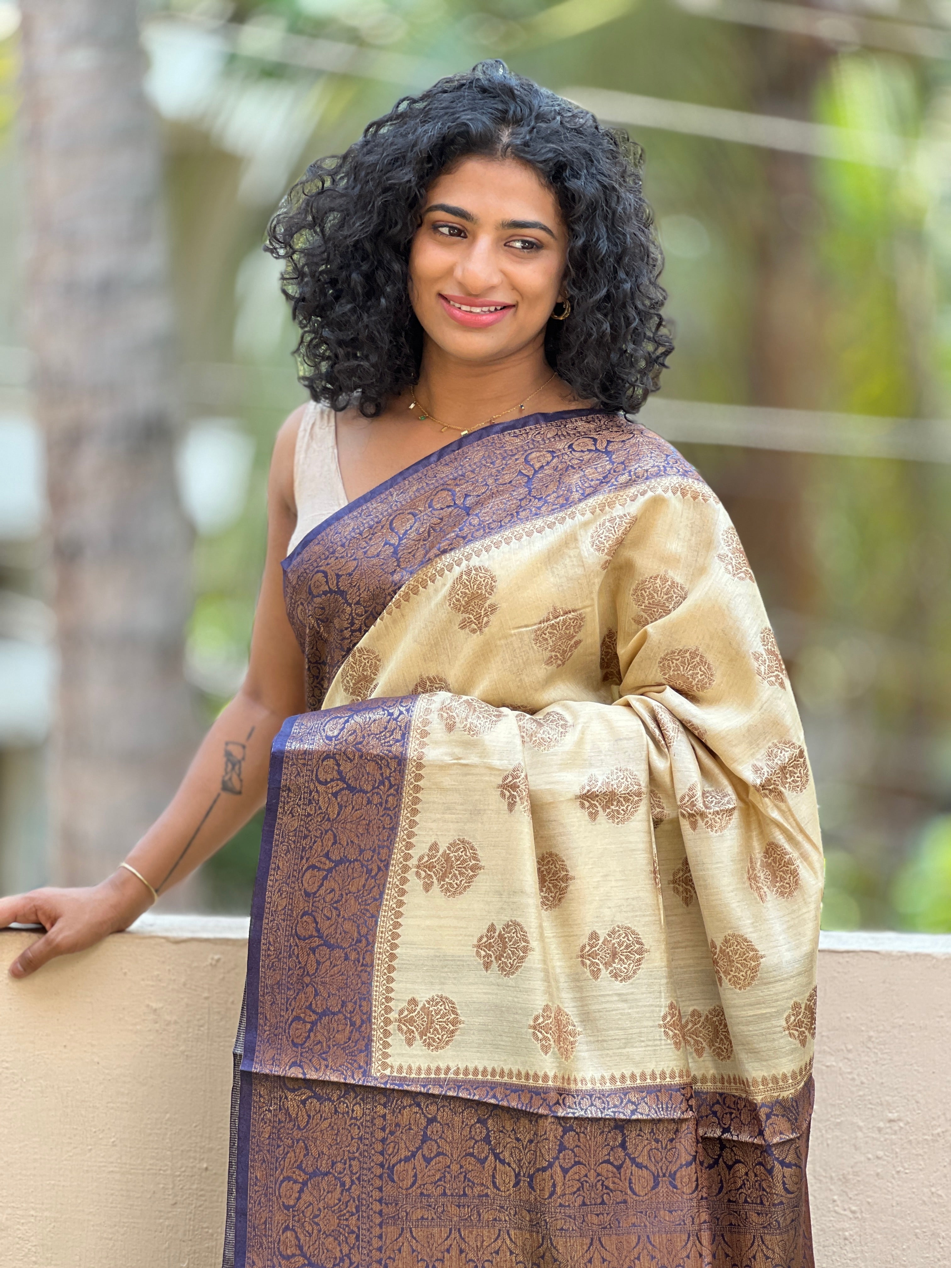 Weaved Antique Zari Buttas Muga Tussar Saree | SK196