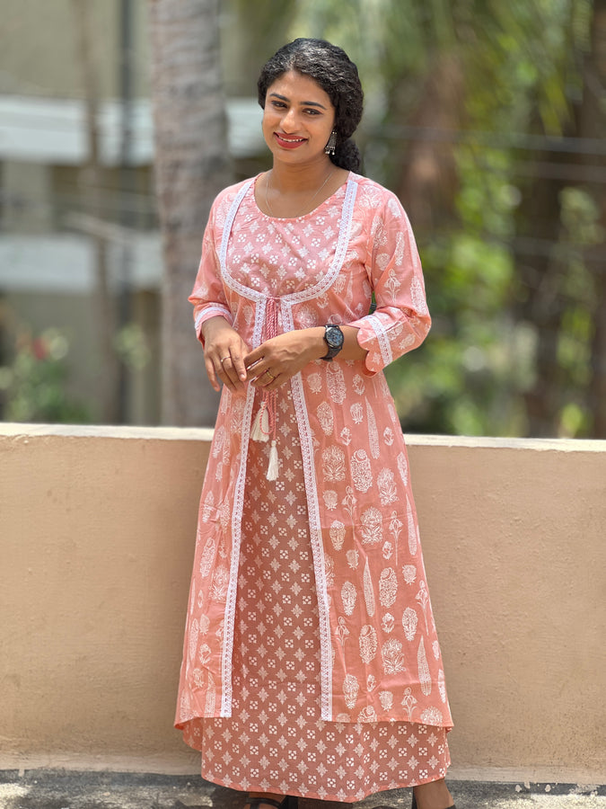 Jacket Patterned Printed Peach Cotton Kurta | YFT134