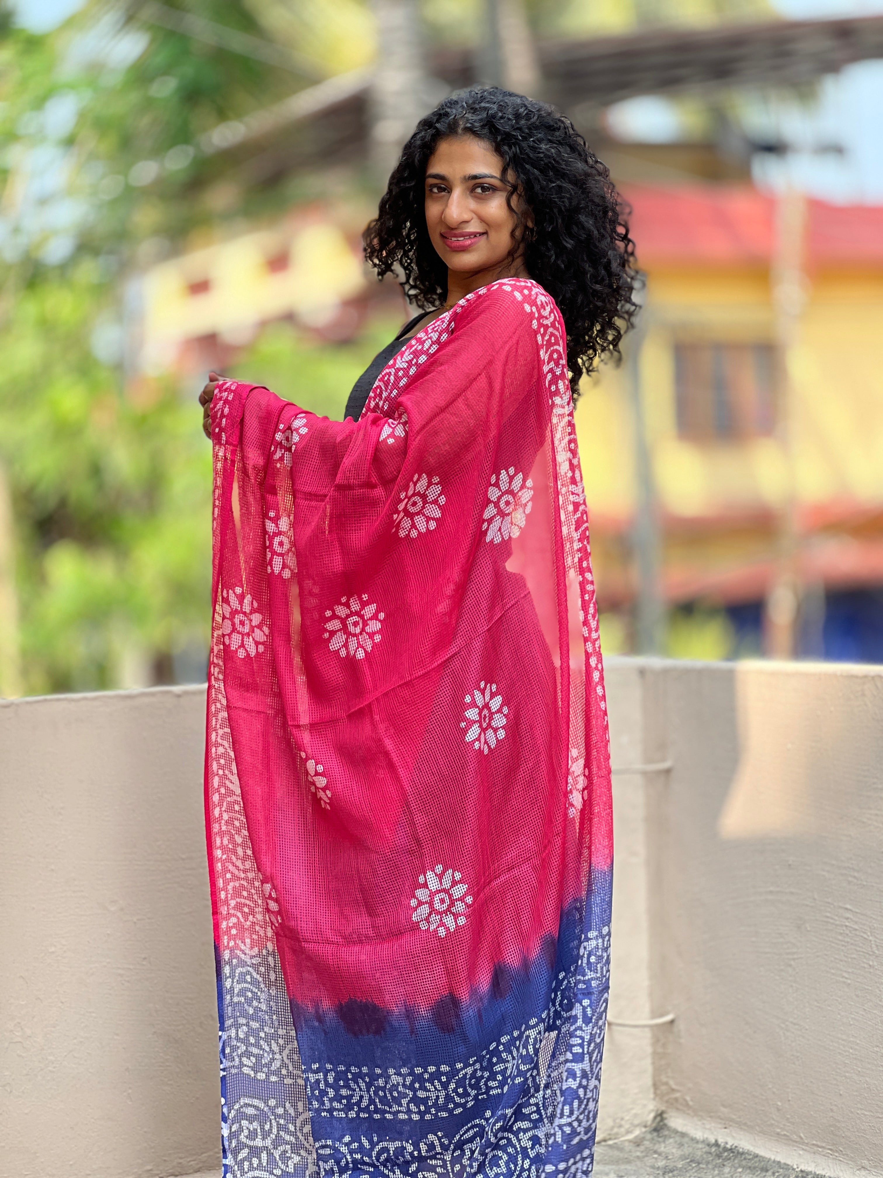 Batik Printed Pink Color Muga Check Kota Dupatta | SS933