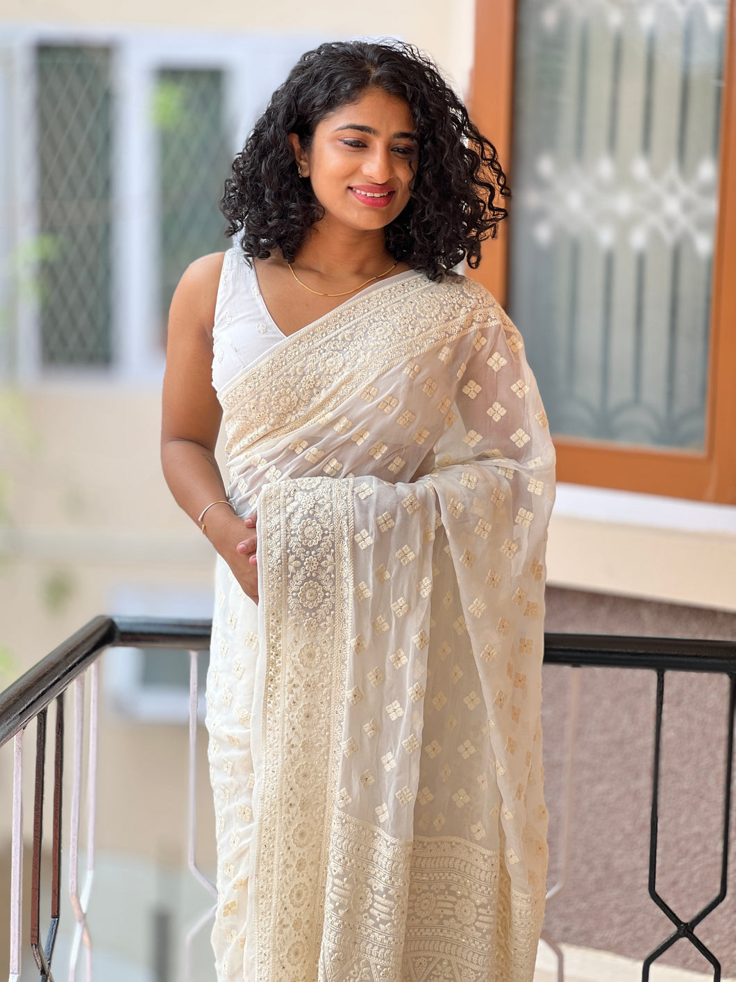 Off-White Georgette Saree With Machine Embroidery | FF135