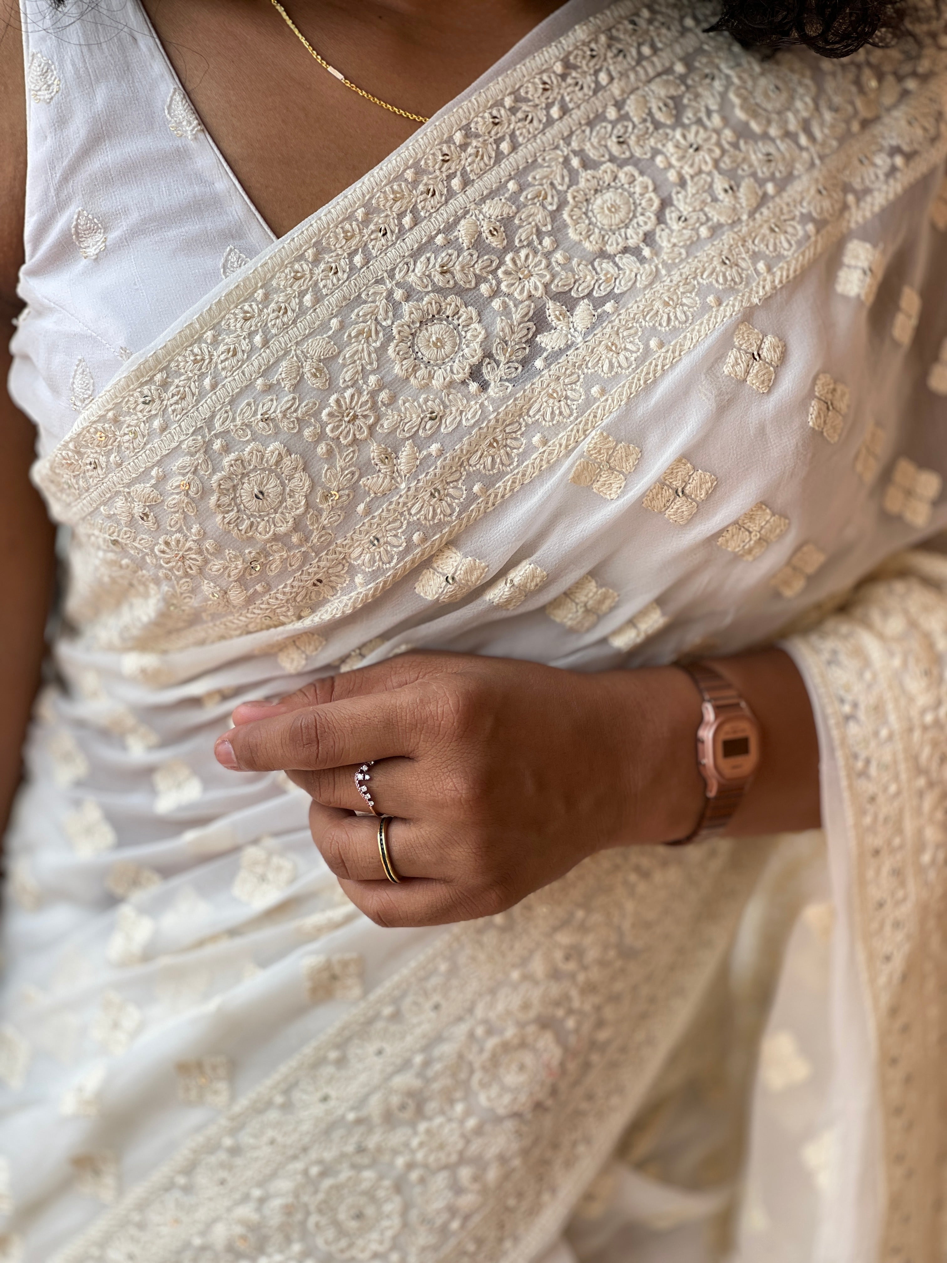Off-White Georgette Saree With Machine Embroidery | FF135