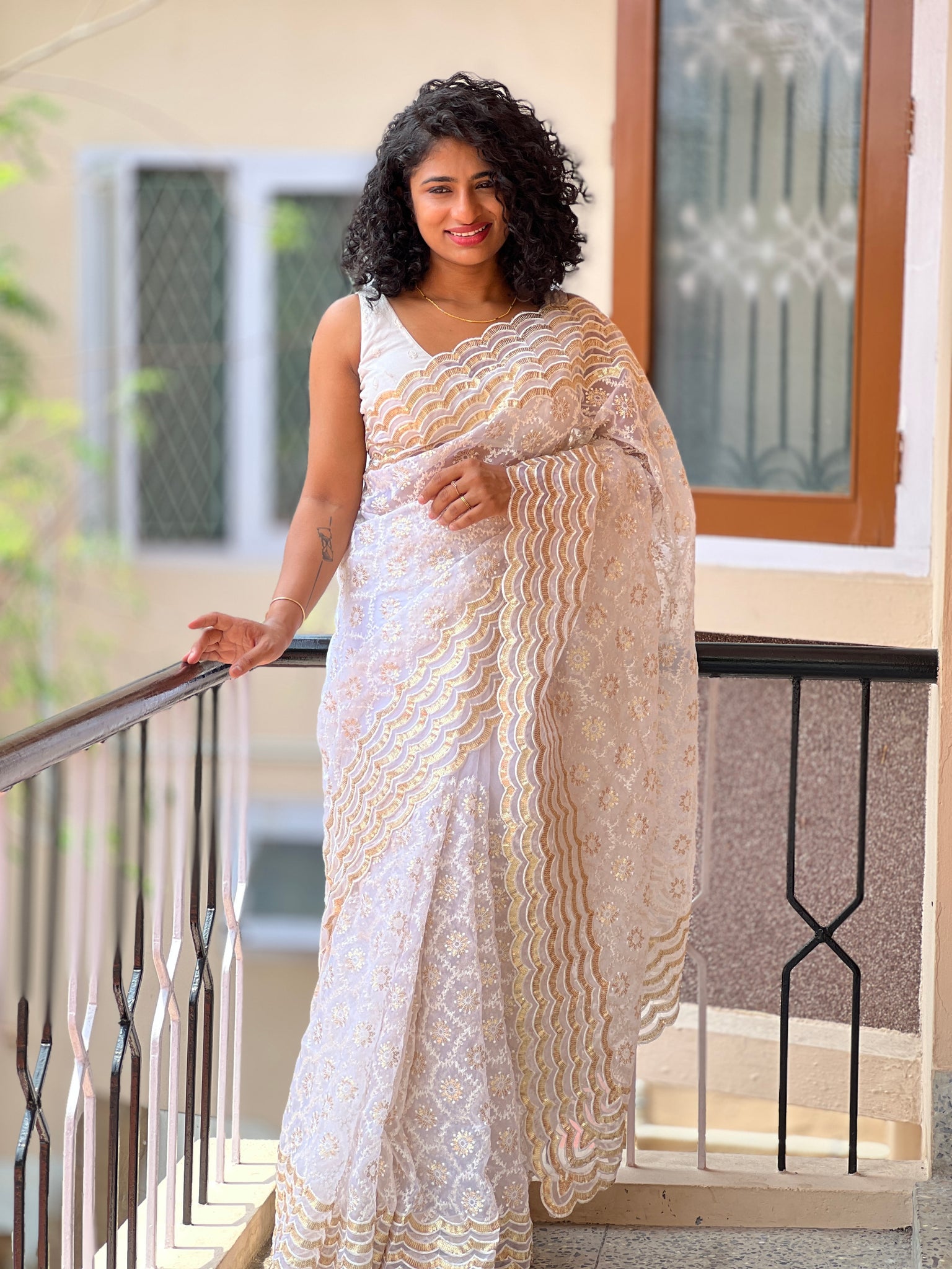 white floral georgette saree | Aesha Fashion Design