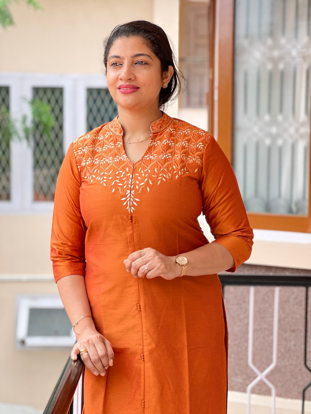 Burned Orange Shade Semi Silk Kurtha Material | UNSTITCHED | DN280