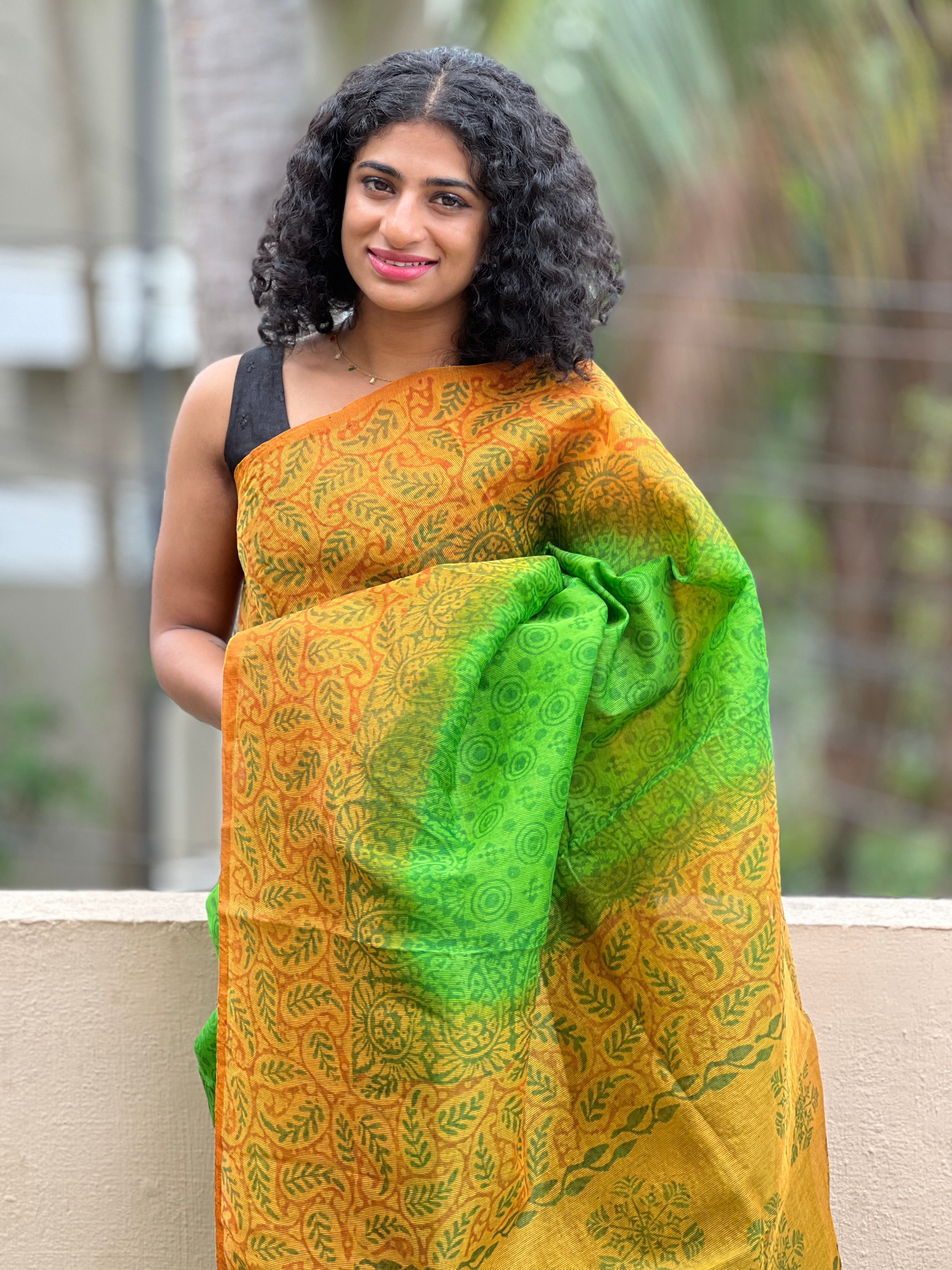 Yellow & Green Super-Net Kota Block Printed Saree | SF740