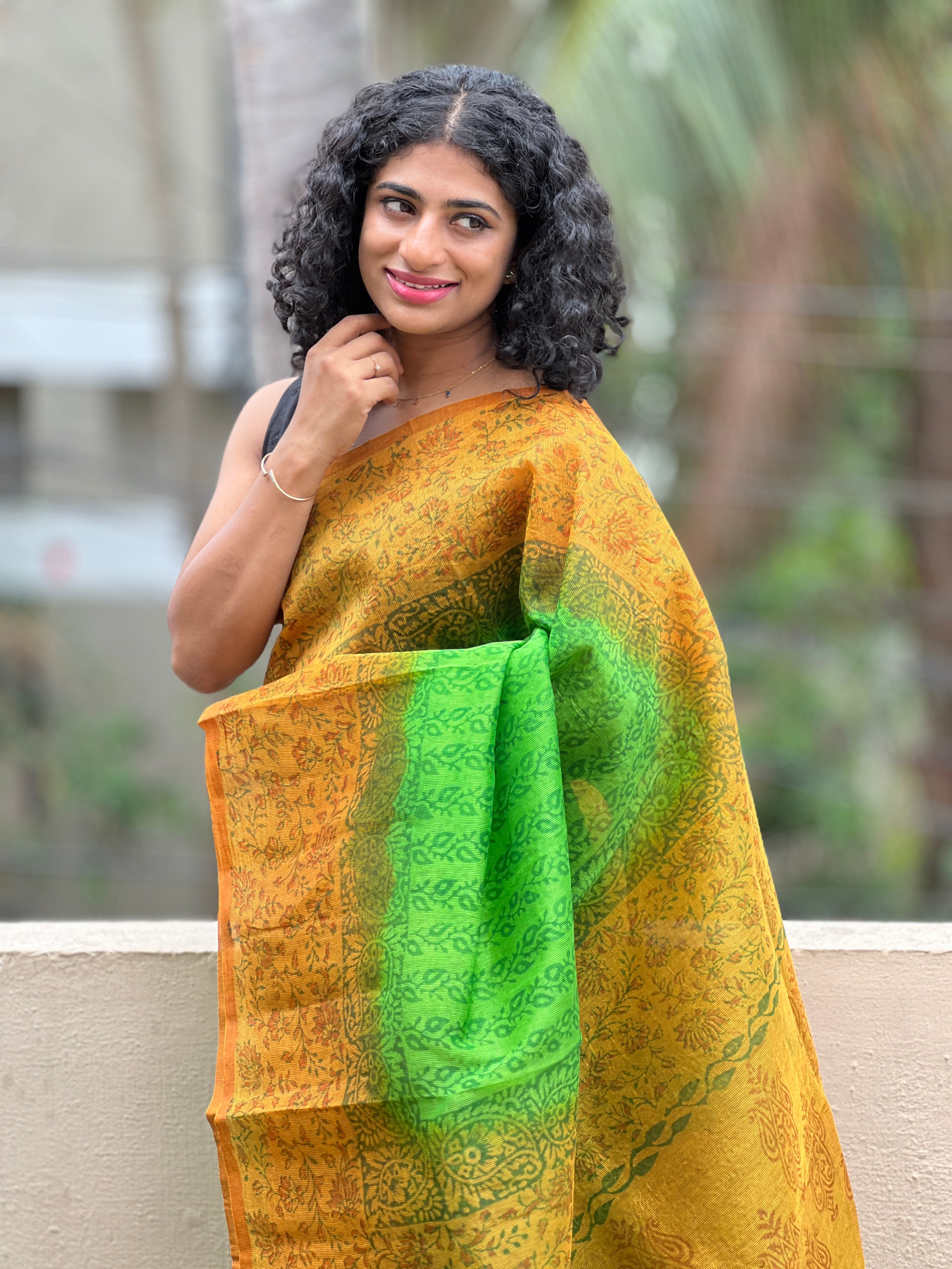 Green & Yellow Super-Net Kota Block Printed Saree | SF742