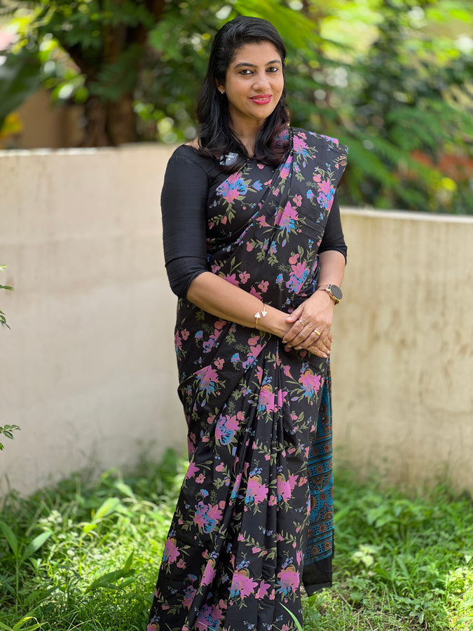 Screen Printed Black Color Semi Silk Saree | ACSN104