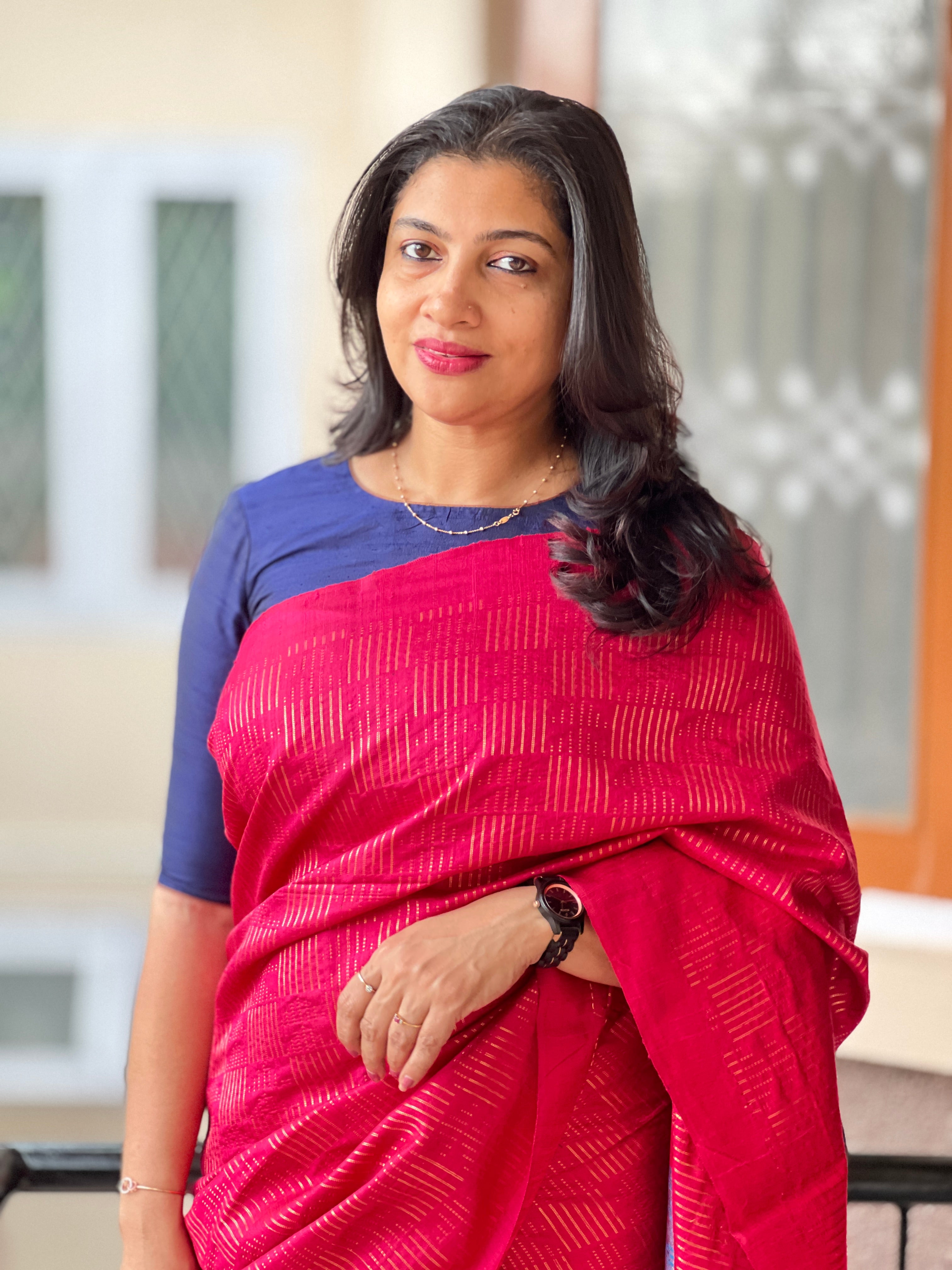 Square Block Pattern Pink Peach Color Raw Silk Saree | MNH243