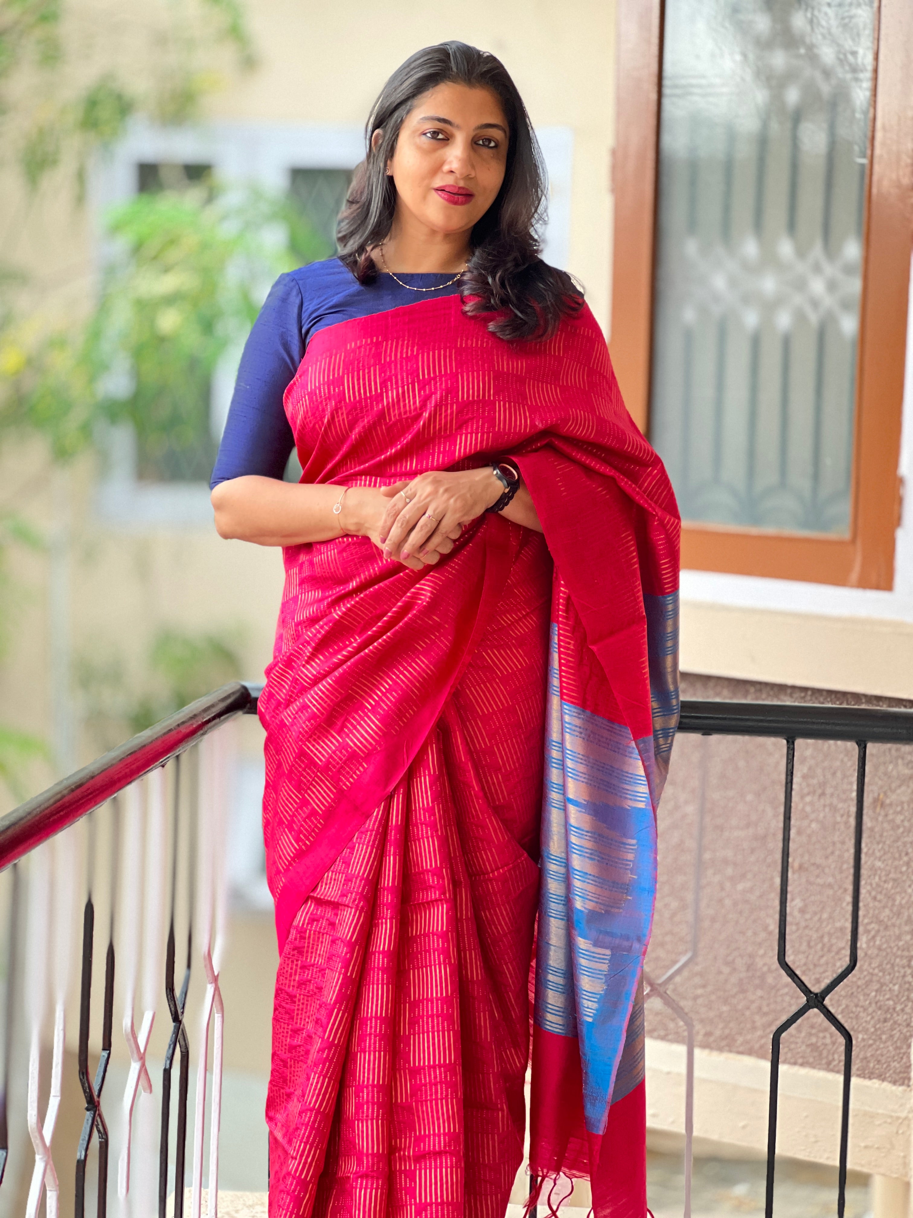 Square Block Pattern Pink Peach Color Raw Silk Saree | MNH243