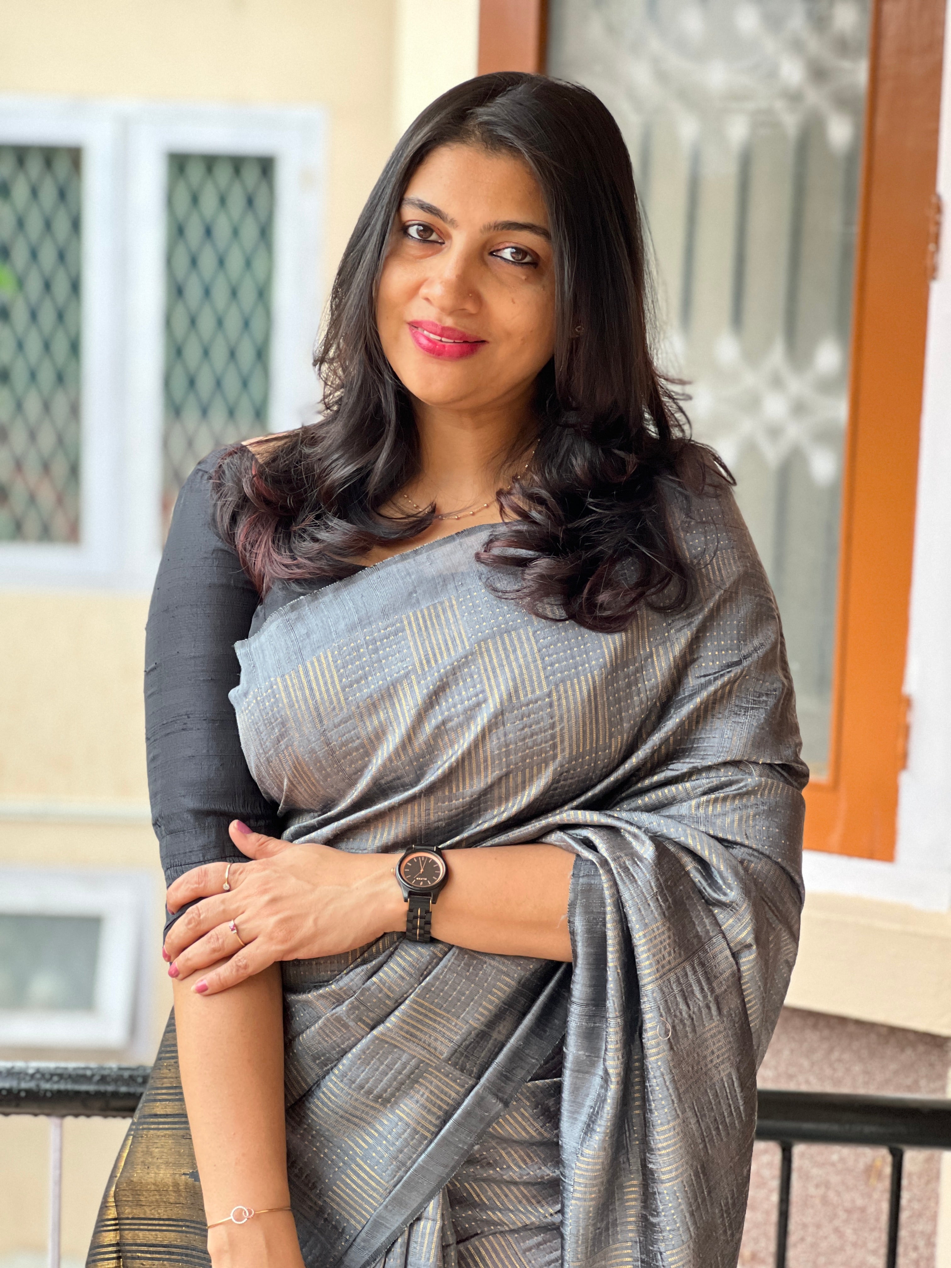 Square Block Pattern Pink Peach Color Raw Silk Saree | MNH243