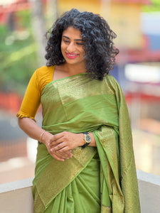 Green Colour Tussar Finished Bhagalpuri Linen Saree | SK179