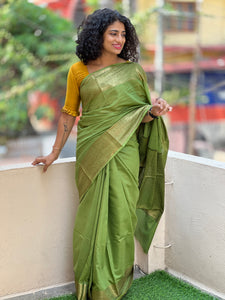 Green Colour Tussar Finished Bhagalpuri Linen Saree | SK179