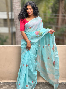 Cross Stitch Embroidery Bhagalpuri Linen Saree | RP245