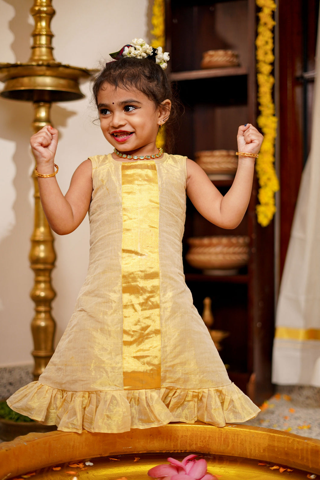 Kerala Kasavu Gown with Golden Tissue Border | ONM106