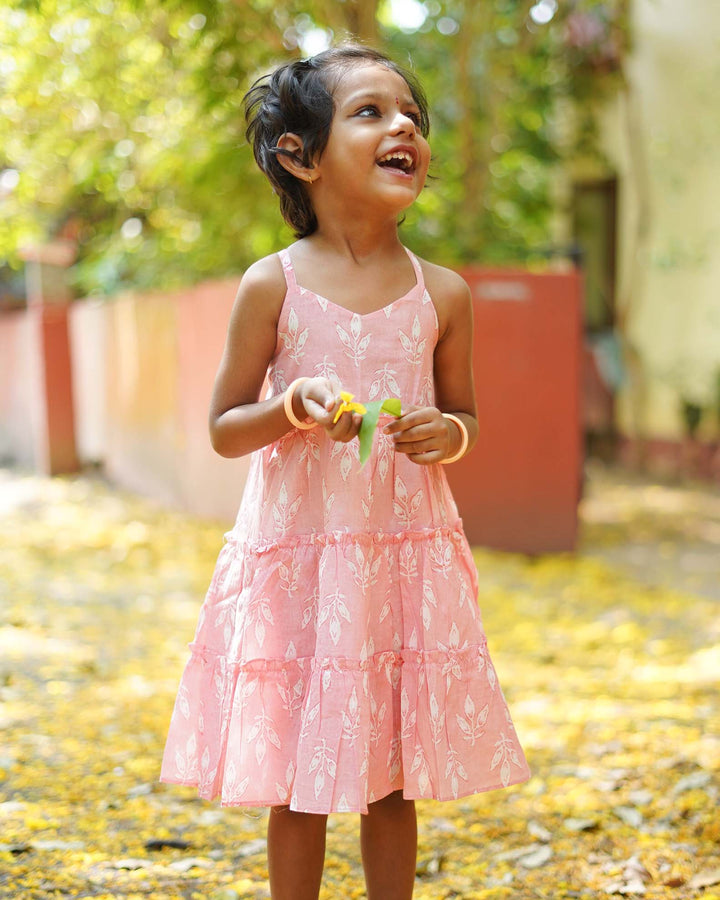 Pink Screen Printed Cotton Layered Frock | BL109