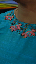 Peacock blue color hand embroidered slub chanderi kurtha material | UNSTITCHED | DN173