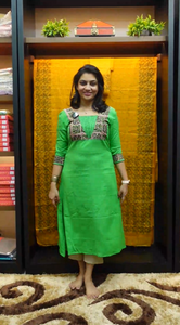 Green color embroidered linen finished cotton kurtha material | DN158