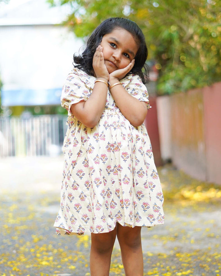 Cream Floral Printed Cotton Frock | BL110