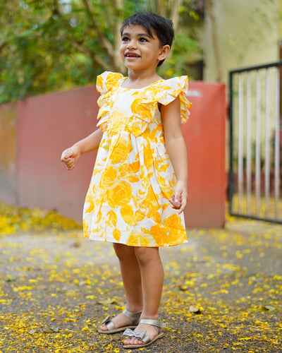 Floral Printed Yellow Gathered Frock | BL102