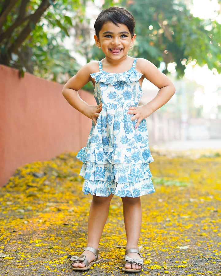 Blue Floral Printed Layered Cotton Frock | BL111