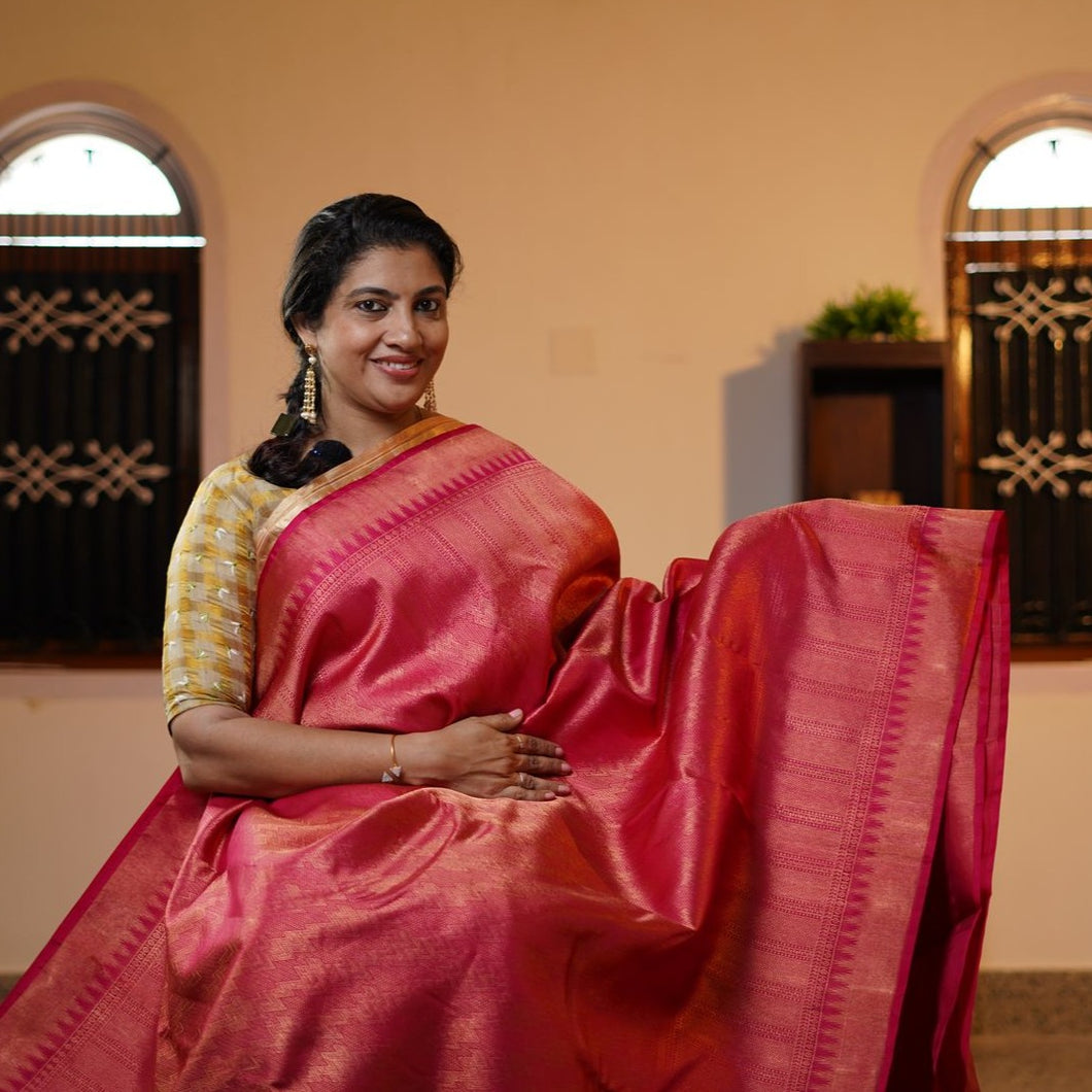 Rose Red Zari Butta Woven Banarasi Silk Saree : Top Pick – Ethnos Global