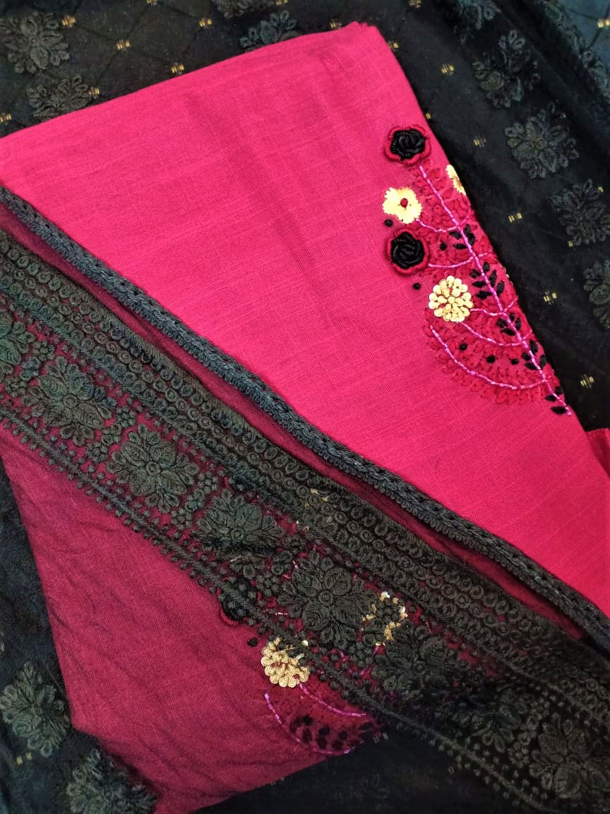Maroon and black semi silk embroidered salwar set | MSTM