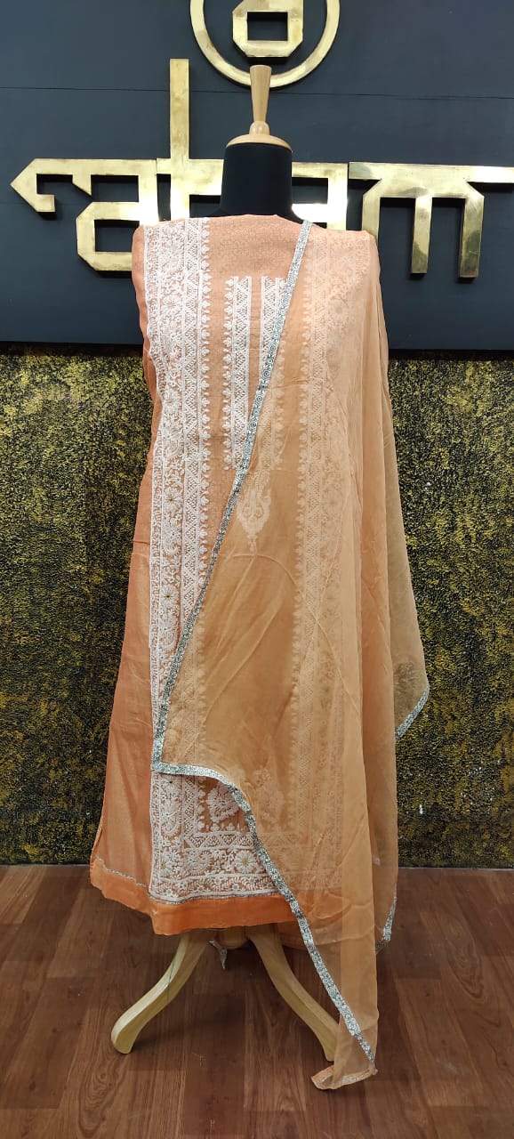 Light peach color chanderi salwar set with lucknowi embroidery | MK127 - Aham Designer Boutique