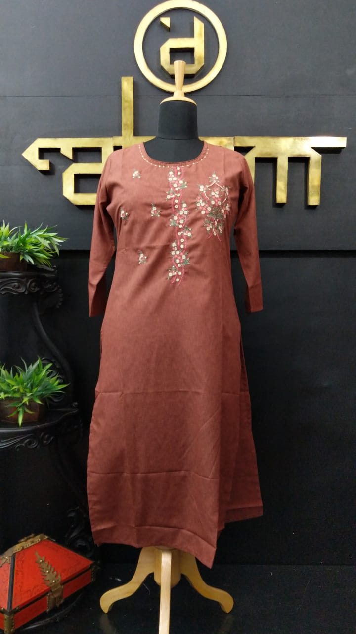 Brown color embroidered rayon kurtha | CS101