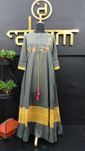 Greenish grey color embroidered rayon long length kurthi | CS114