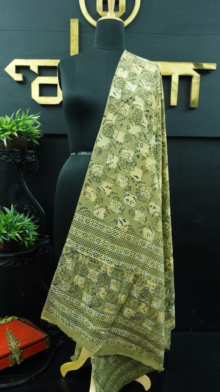 Light olive green color combination bagru printed Kashmiri dupatta | MC152