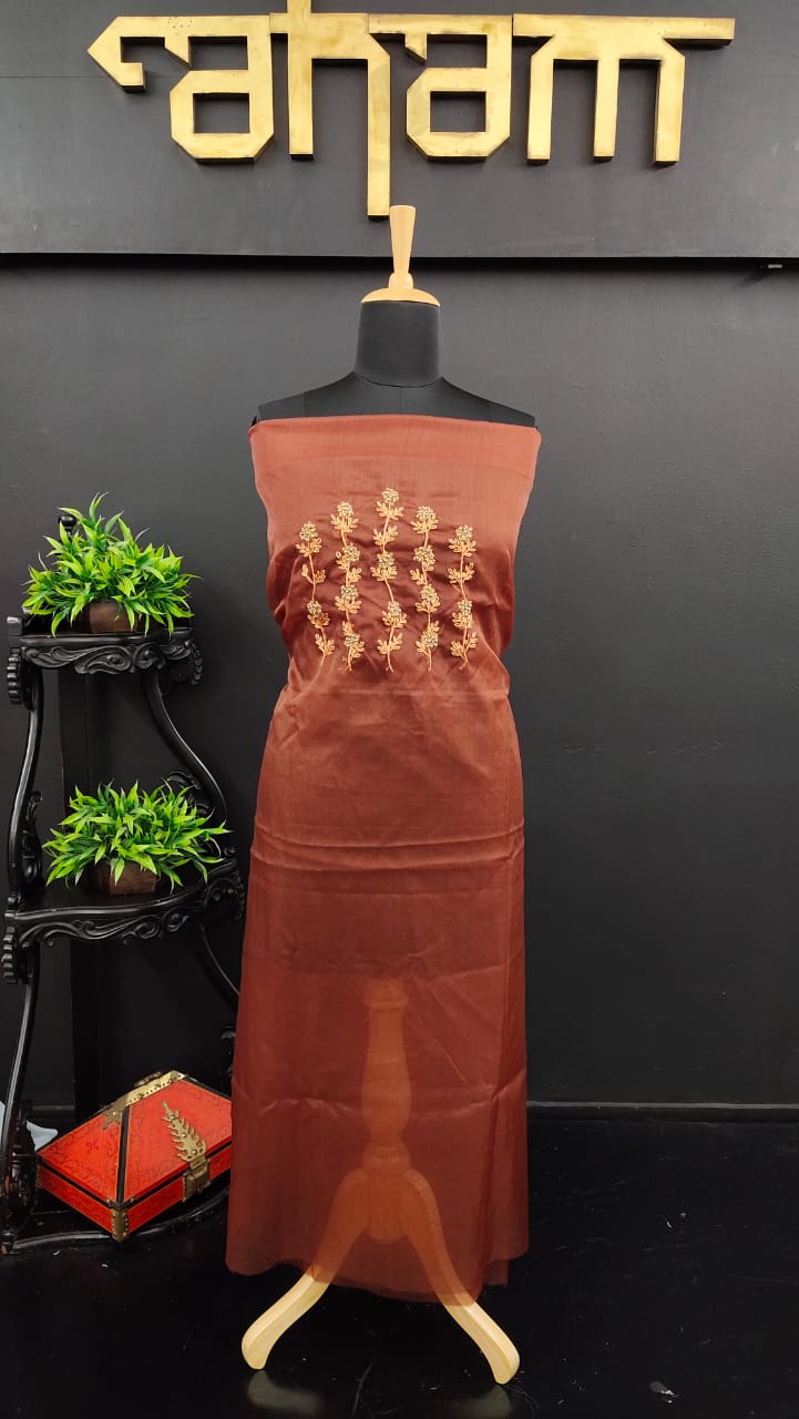 Brown color embroidered organza kurtha material | AH493
