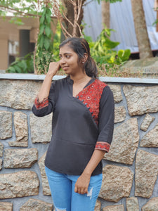 Black color cotton with ajrak printed top | JY351