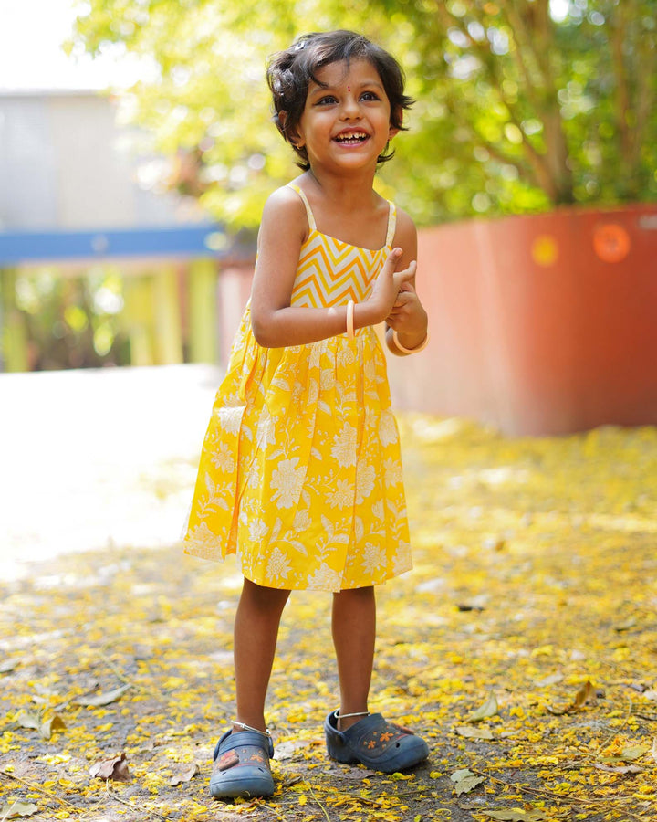 Mulcotton Yellow Printed Frock  | BL105