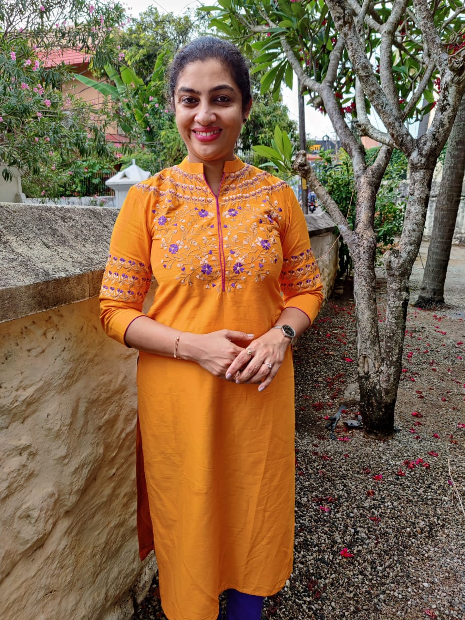 Orange-yellow color embroidered cotton-silk kurtha material | UNSTITCHED | DN126